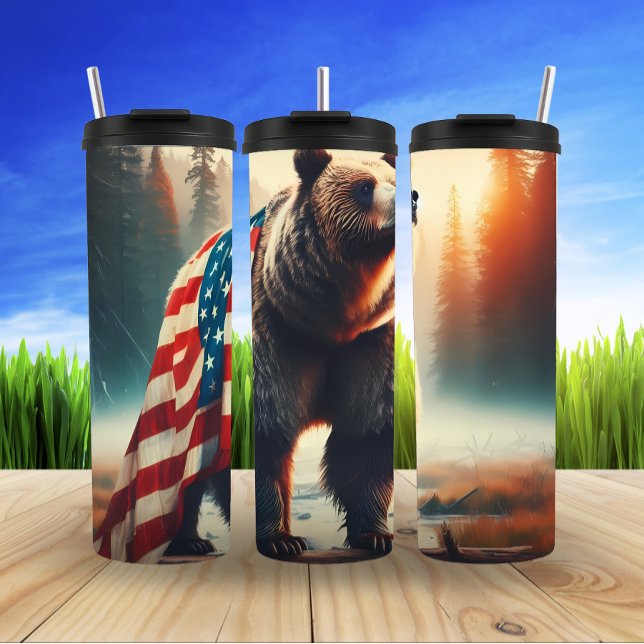 Termo Diseño majestuoso del patriotismo del oso grizzly (Subido por el creador)