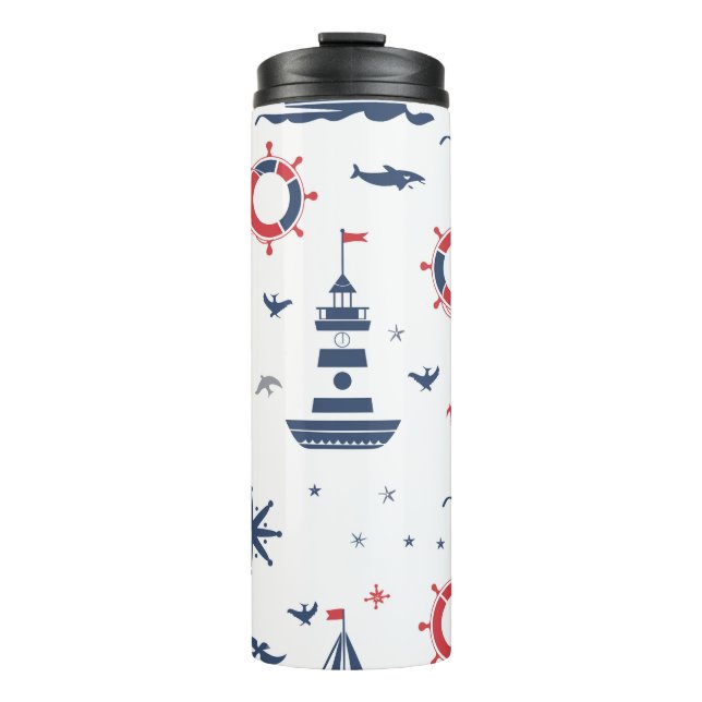 Termo Diseño náutico azul, blanco y rojo (Anverso)