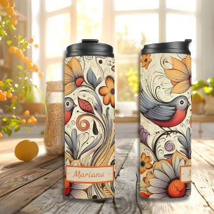 Termo Diseño pichón y floral nombre personalizado verano