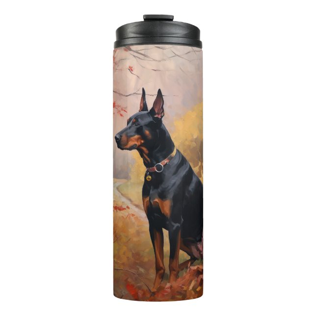 Termo Doberman en otoño se inspira en las hojas (Anverso)