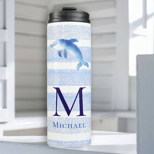 Termo Dolphin Monogram Stripes Beach Náutica (boy tumbler personalized monogram dolphin sea blue stripes nautical ocean grandchild baby gift)
