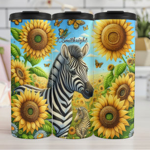Termo Dos cebras en un campo de girasol