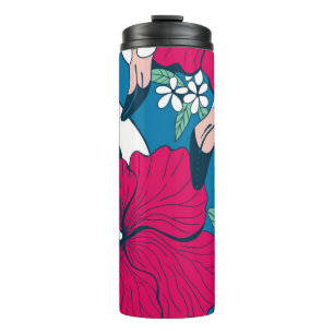 Termo Dos flamencos entre hibiscos y flores plumerias 