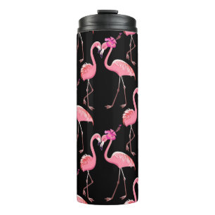 Termo Dos flamencos rosas sobre un fondo negro. Sin inco