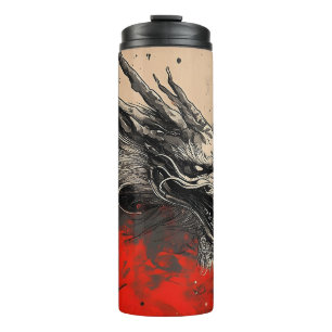 Termo Dragón chino majestuoso con mancha de tinta roja