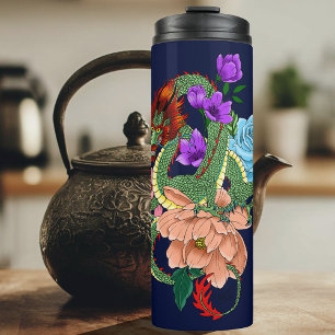 Termo Dragón Chino Verde Místico Floral Azul Marino