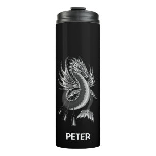 Termo Dragón de agua blanco y negra monogramo