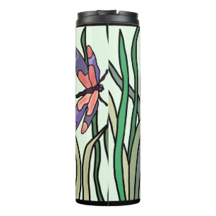 Termo Dragonflies azul rosado y hojas verdes