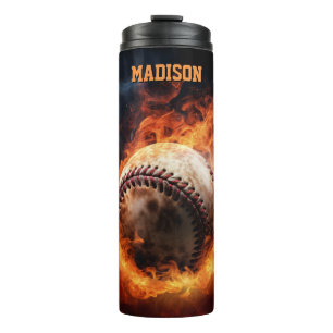 Termo El béisbol de texto personalizado en el fuego
