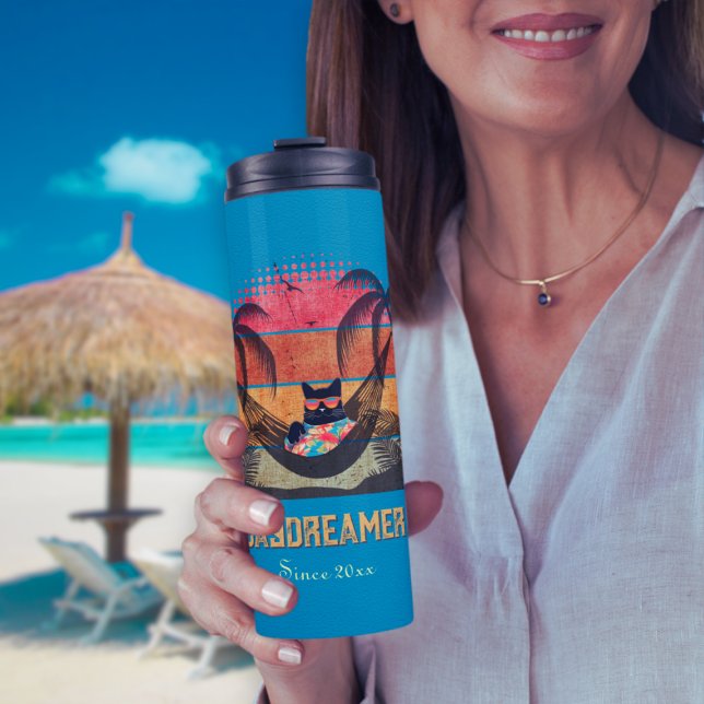 Termo El sueño de un gato tropical de Guay (Daydreaming Cool Cat's Tropical Escape Thermal Tumbler)