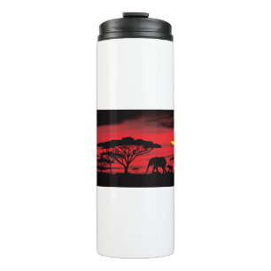 Termo Elefante africano y bebé con atardecer rojo