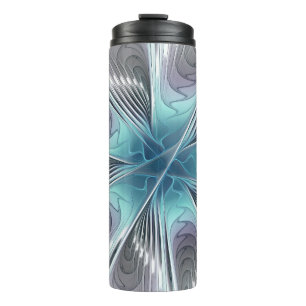 Termo Elegancia Flor de Arte Fractal Blanco Gris Azul