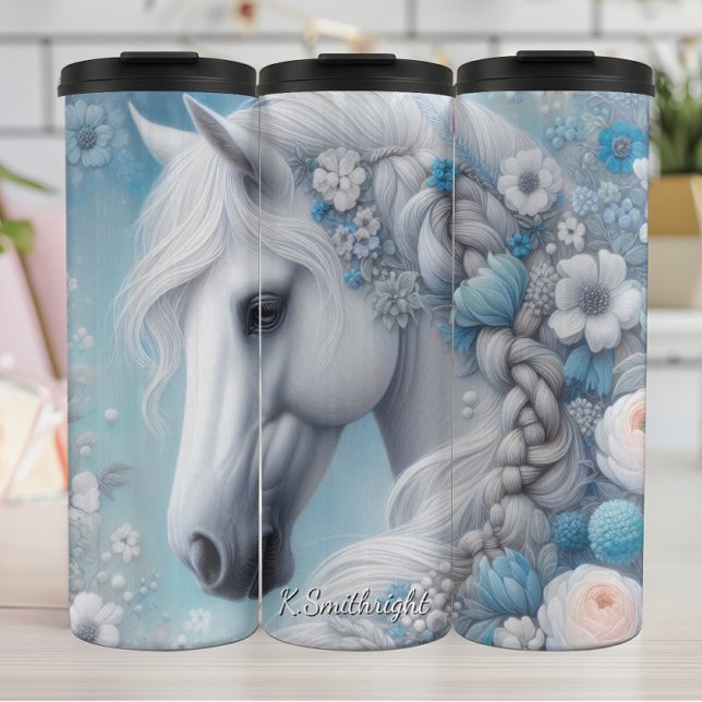 Termo Elegancia floral azul de caballo blanco (Subido por el creador)