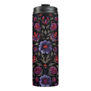 Termo Elegancia oscura: Patrón floral negro y púrpura