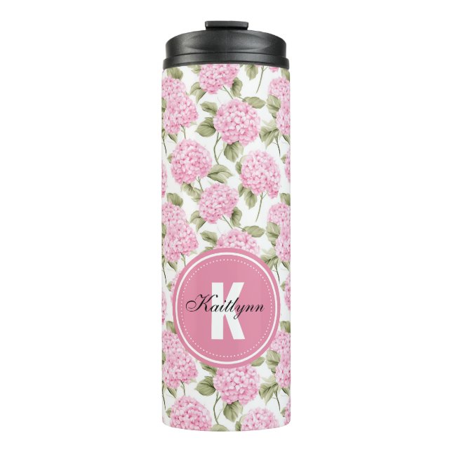 Termo Elegant Pink Hydragea Flowers Pattern Monogram (Anverso)