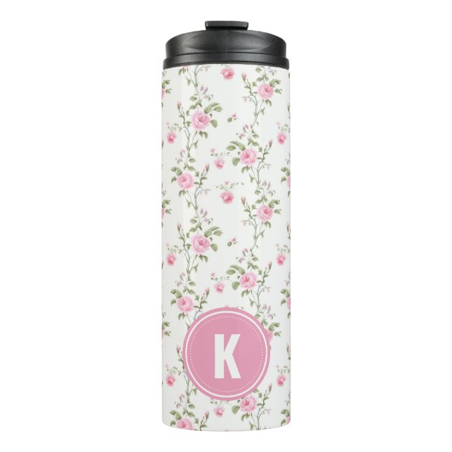 Termo Elegant Pink Roses Flowers Pattern Monogram (Anverso)