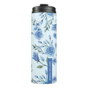 Termo Elegante acuarela Bonito azul floral monograma