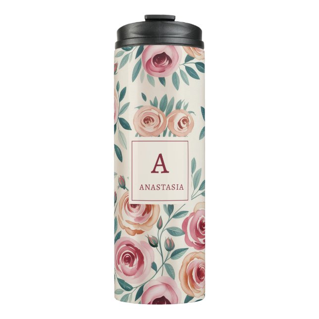 Termo Elegante acuarela Bonito Monograma floral (Anverso)