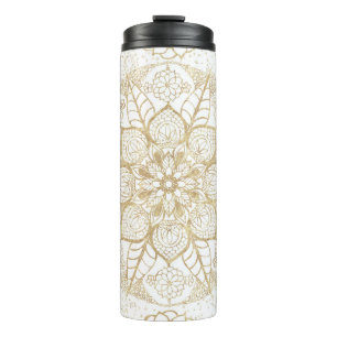 Termo Elegante Boho Mandala Floral de Oro Blanco
