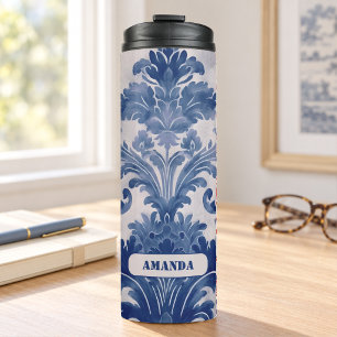 Termo Elegante damasco Azul toile de jouy monograma