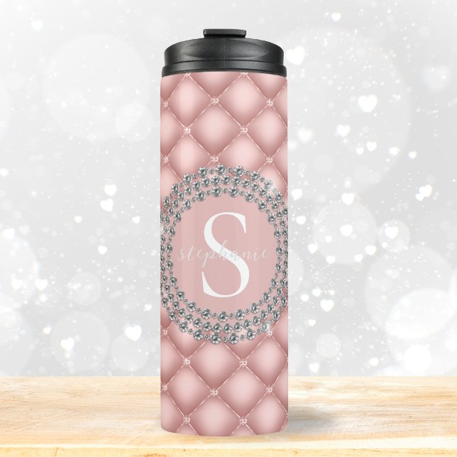 Termo Elegante Diamantes Lujo Rubor Monograma Rosa (Mockup View)