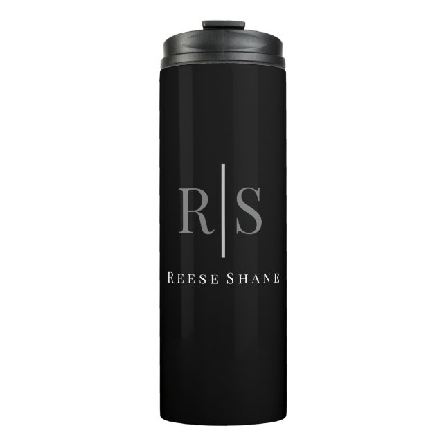 Termo Elegante DIY Gris Monograma y nombre blanco, negro (Anverso)