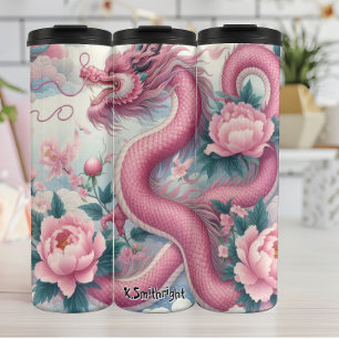 Termo Elegante Dragón Rosa con Peonies