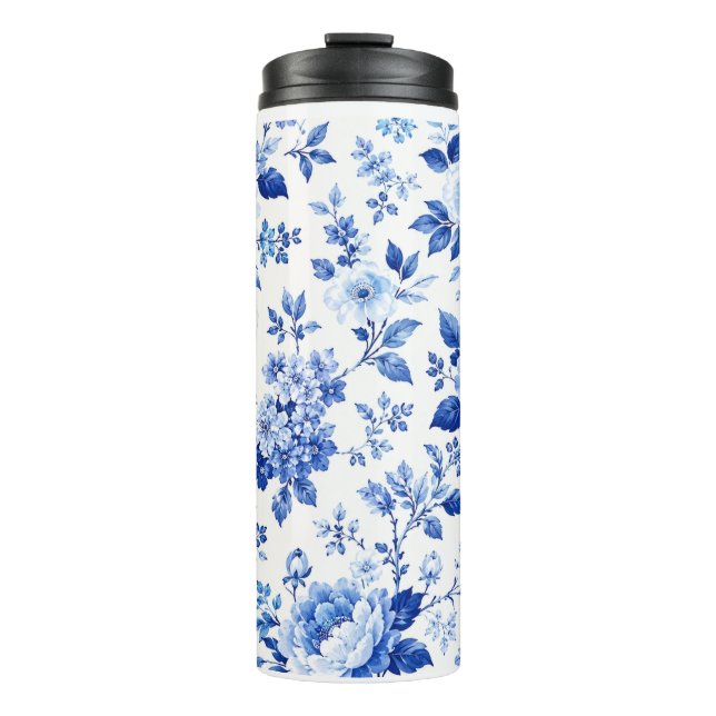 Termo Elegante Estampado Floral Azul y Blanco (Anverso)