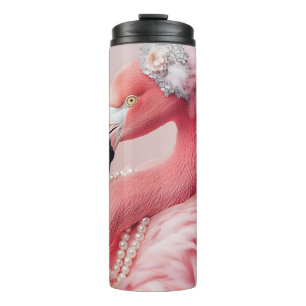 Termo Elegante flamenco rosa con perlas y plumas