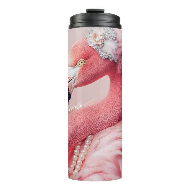 Termo Elegante flamenco rosa con perlas y plumas (Anverso)