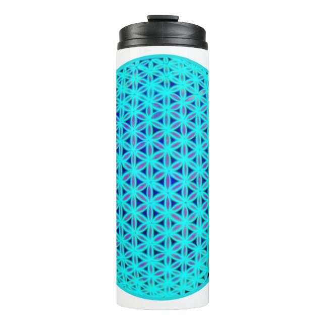 Termo Elegante flor de la vida azul neón teal  (Anverso)