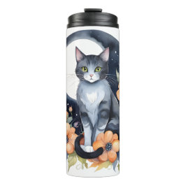 Termo Elegante Gato Negro Floral Moon Art Gato Amante
