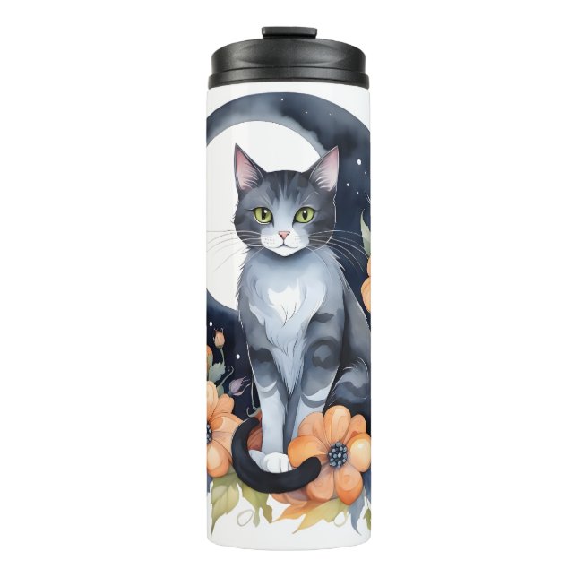 Termo Elegante Gato Negro Floral Moon Art Gato Amante (Anverso)