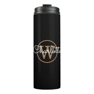 Termo Elegante guión monograma dorado negro 