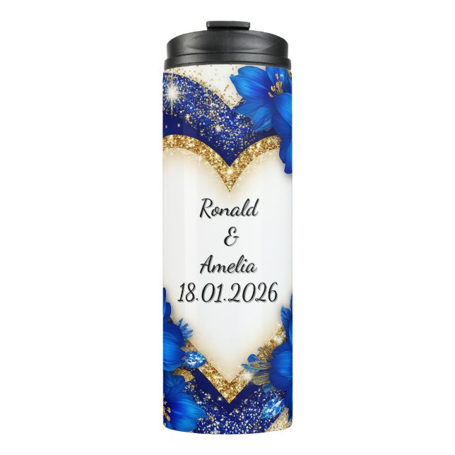 Termo Elegante marco de corazón azul y dorado (Anverso)