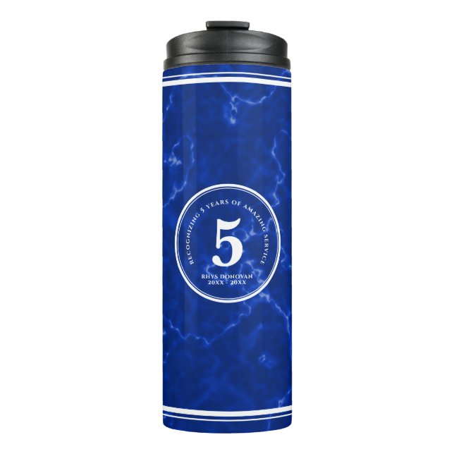 Termo Elegante mármol azul 5 años de trabajo aniversario (Anverso)