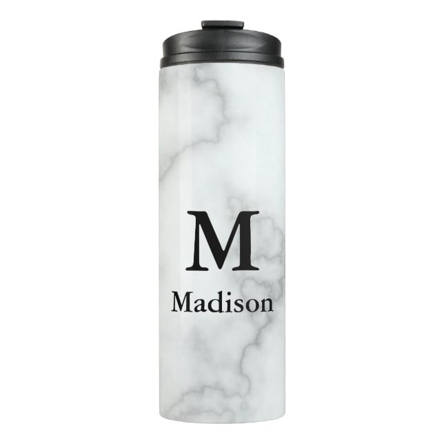 Termo Elegante Mármol blanco falso con nombre y monogram (Anverso)