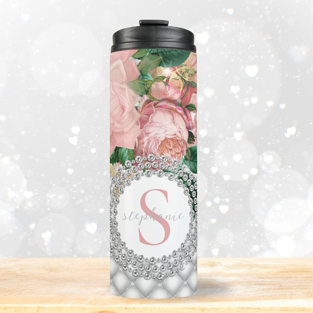 Termo Elegante Monograma de diamantes de rosas rosas ros (Mockup View)