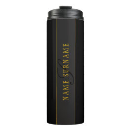 Termo Elegante Monograma de Letra Script Negro y Dorado