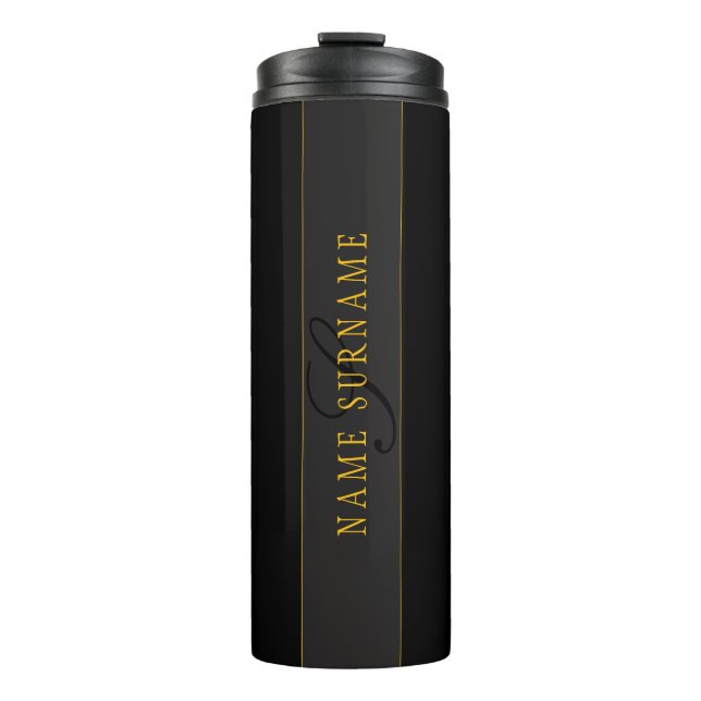 Termo Elegante Monograma de Letra Script Negro y Dorado (Anverso)