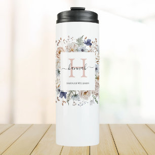 Termo Elegante Monograma Hermosas Flores Beige Azul Flor