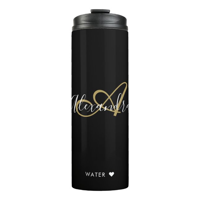 Termo Elegante Monograma Moda dorada negra Script Therm (Anverso)