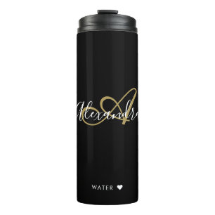 Termo Elegante Monograma Negro Oro Chic Letra Nombre