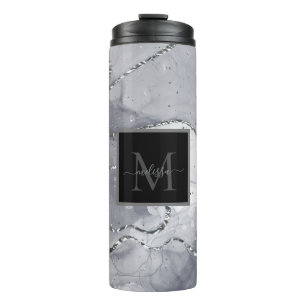 Termo Elegante nombre de Monograma Negro y Plata