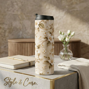 Termo Elegante patrón botánico de oliva dorada floral bl
