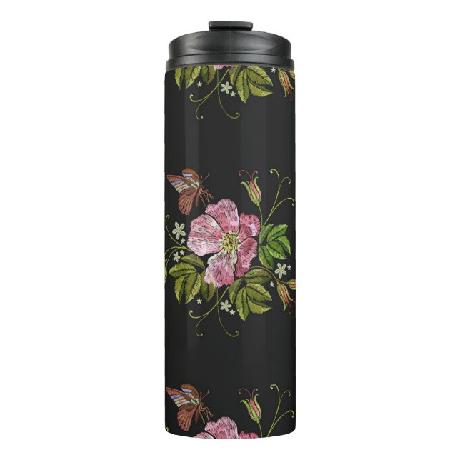 Termo Elegante patrón de bordado floral fondo negro (Anverso)