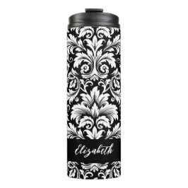 Termo Elegante patrón de damasco en negro y blanco