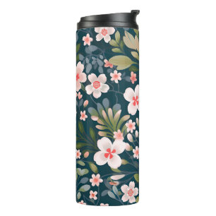 Termo Elegante patrón floral rosa y blanco