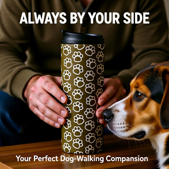 Termo Elegante Perro pasta marrón (Elegant Brown Minimal Dog Paw Pattern Thermal Tumbler)