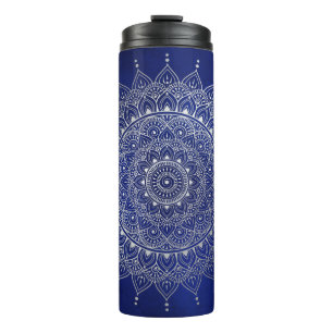 Termo Elegante plata en floral azul profundo Henna Manda